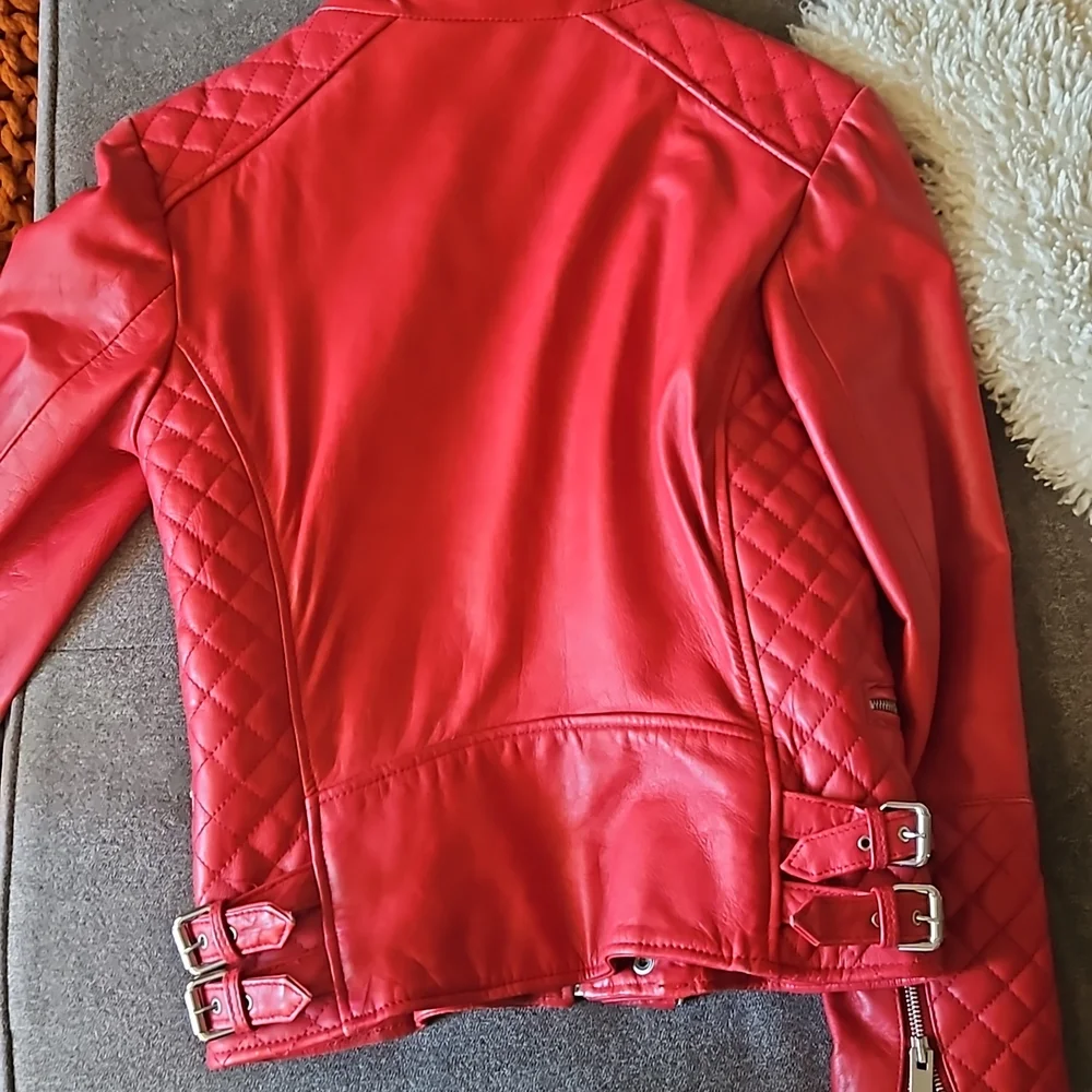Zara red real leather moto jacket - Picture 4 of 4